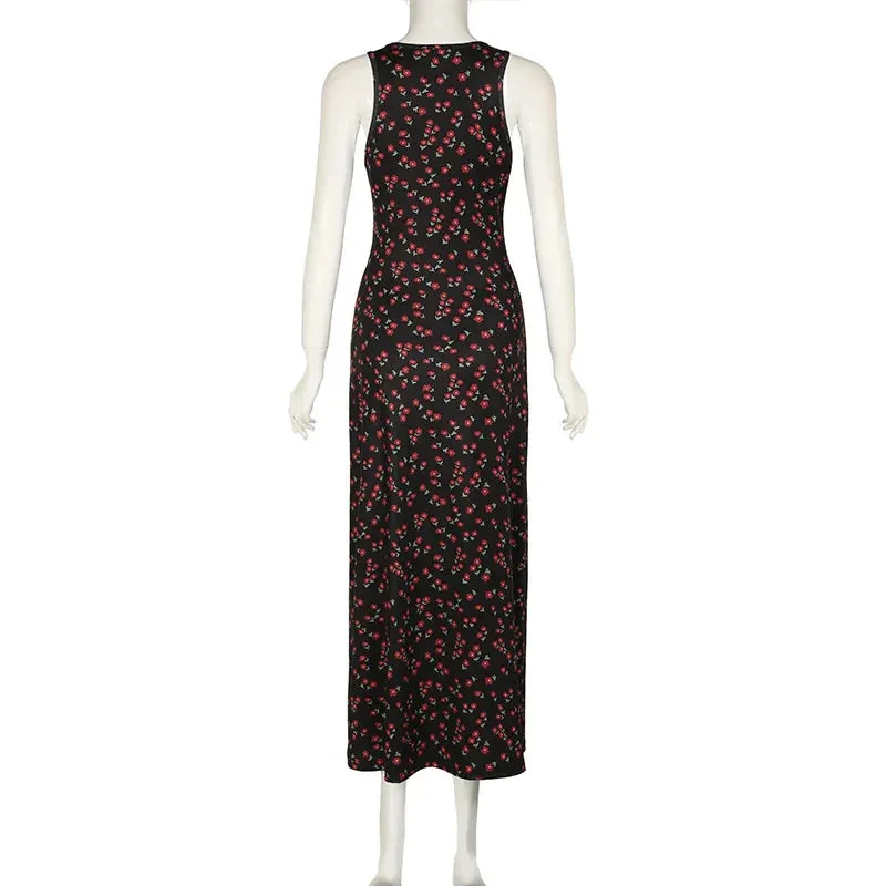Metaversmall Fashion Elegant Flowers Printing Summer Long Dress Ladies Sleeveless Beach Holidays Sundress Sexy Women Dresses 2024