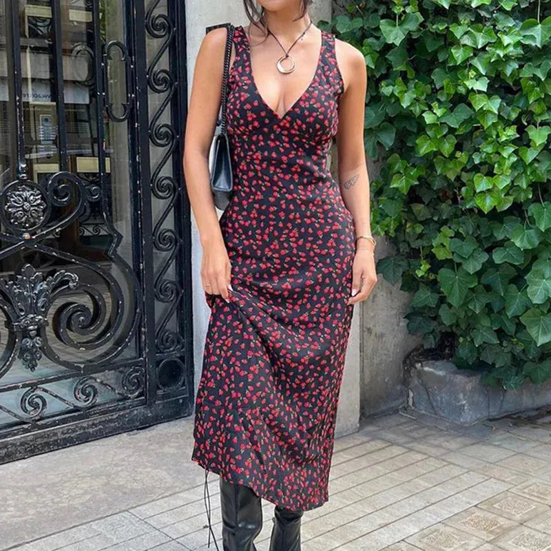 Metaversmall Fashion Elegant Flowers Printing Summer Long Dress Ladies Sleeveless Beach Holidays Sundress Sexy Women Dresses 2024