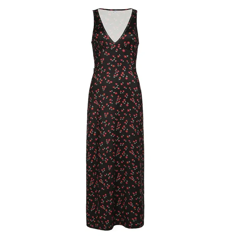 Metaversmall Fashion Elegant Flowers Printing Summer Long Dress Ladies Sleeveless Beach Holidays Sundress Sexy Women Dresses 2024