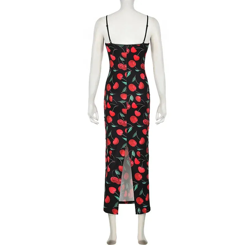 Metaversmall Spaghetti Strap Elegant Summer Long Dress Cherry Printed Fashion Folds Beach Holidays Sundress Sexy Women's Dresses