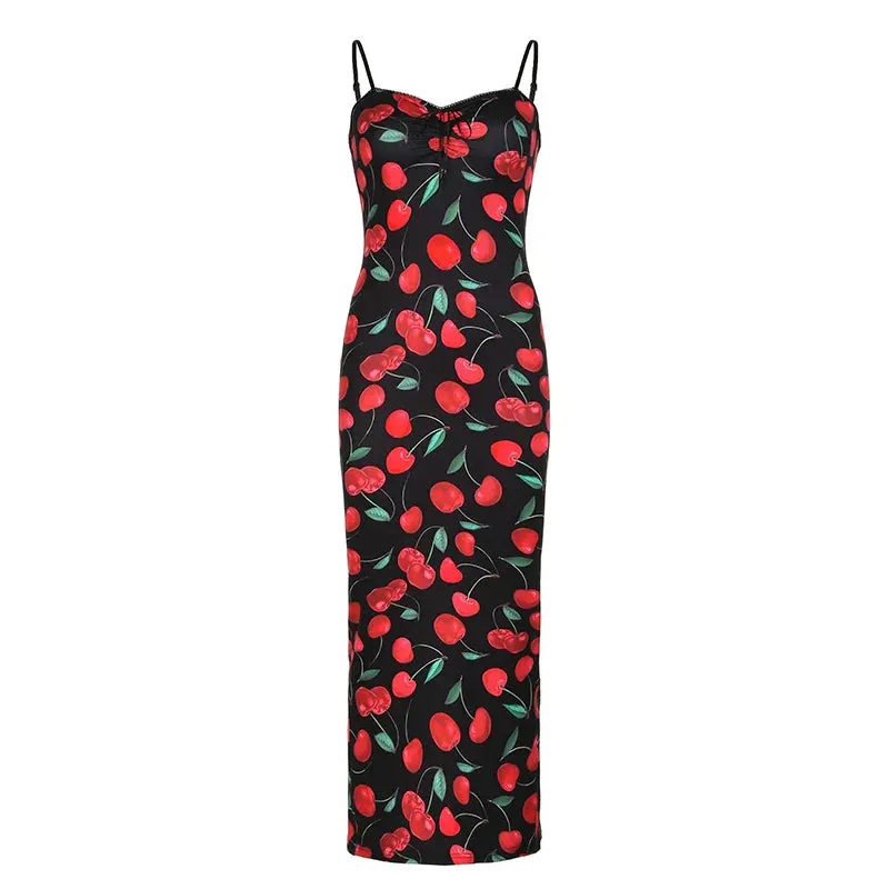 Metaversmall Spaghetti Strap Elegant Summer Long Dress Cherry Printed Fashion Folds Beach Holidays Sundress Sexy Women's Dresses