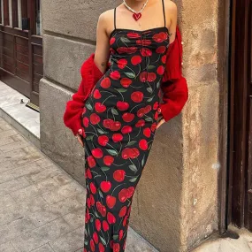 Metaversmall Spaghetti Strap Elegant Summer Long Dress Cherry Printed Fashion Folds Beach Holidays Sundress Sexy Women's Dresses