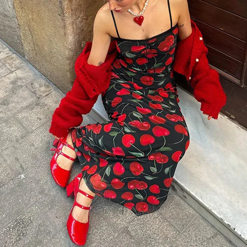 Metaversmall Spaghetti Strap Elegant Summer Long Dress Cherry Printed Fashion Folds Beach Holidays Sundress Sexy Women's Dresses