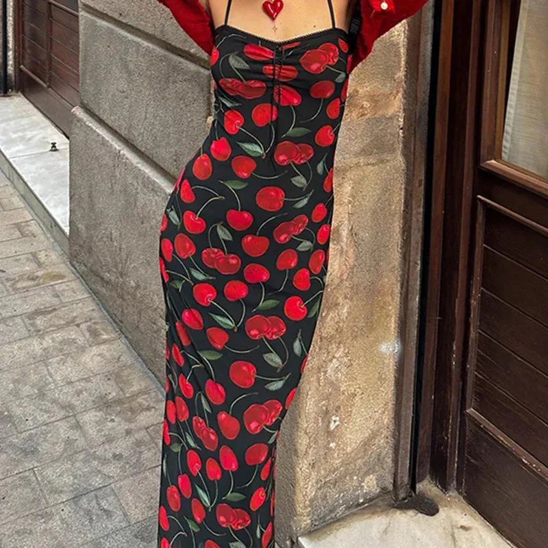 Metaversmall Spaghetti Strap Elegant Summer Long Dress Cherry Printed Fashion Folds Beach Holidays Sundress Sexy Women's Dresses