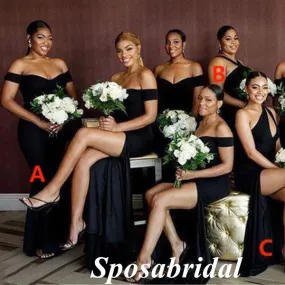 Mismatched Black Soft Satin Sleeveless Mermaid Floor Length Bridesmaid Dresses With Split, BD3348