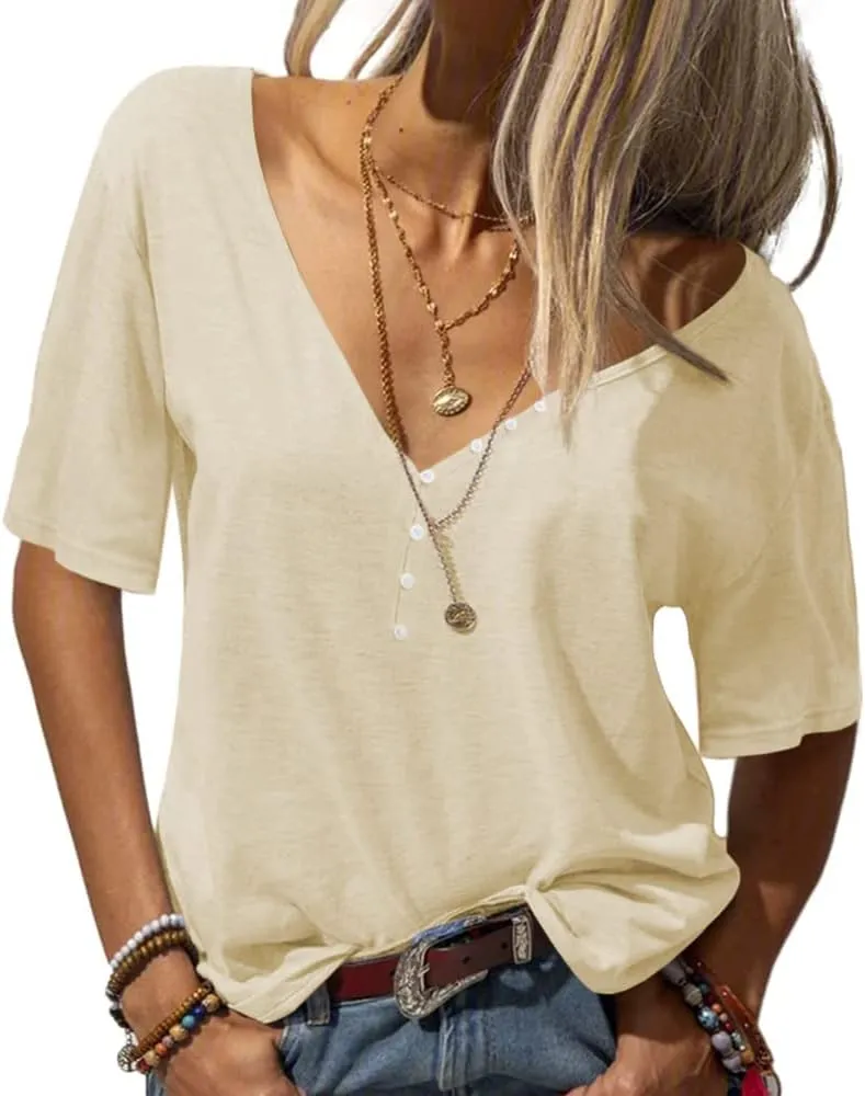 NIUBIA Women's Fashion Summer V-Neck Half Sleeves Oversized T Shirt Casual Loose Basic Tops