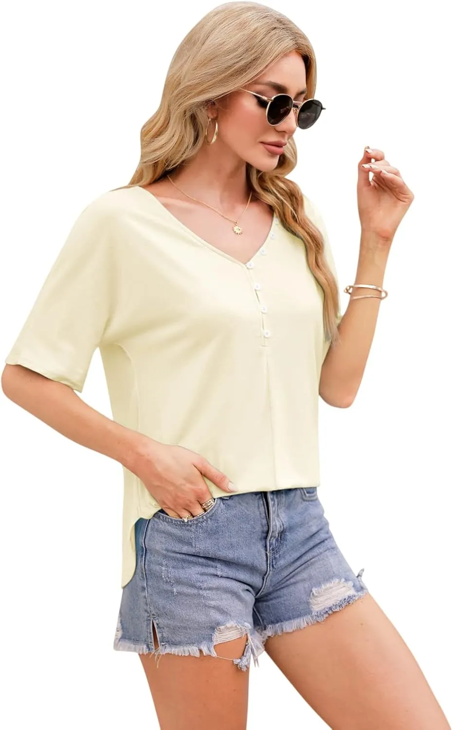 NIUBIA Women's Fashion Summer V-Neck Half Sleeves Oversized T Shirt Casual Loose Basic Tops