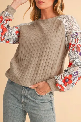 Parchment Floral Patchwork Raglan Sleeve Ribbed Blouse