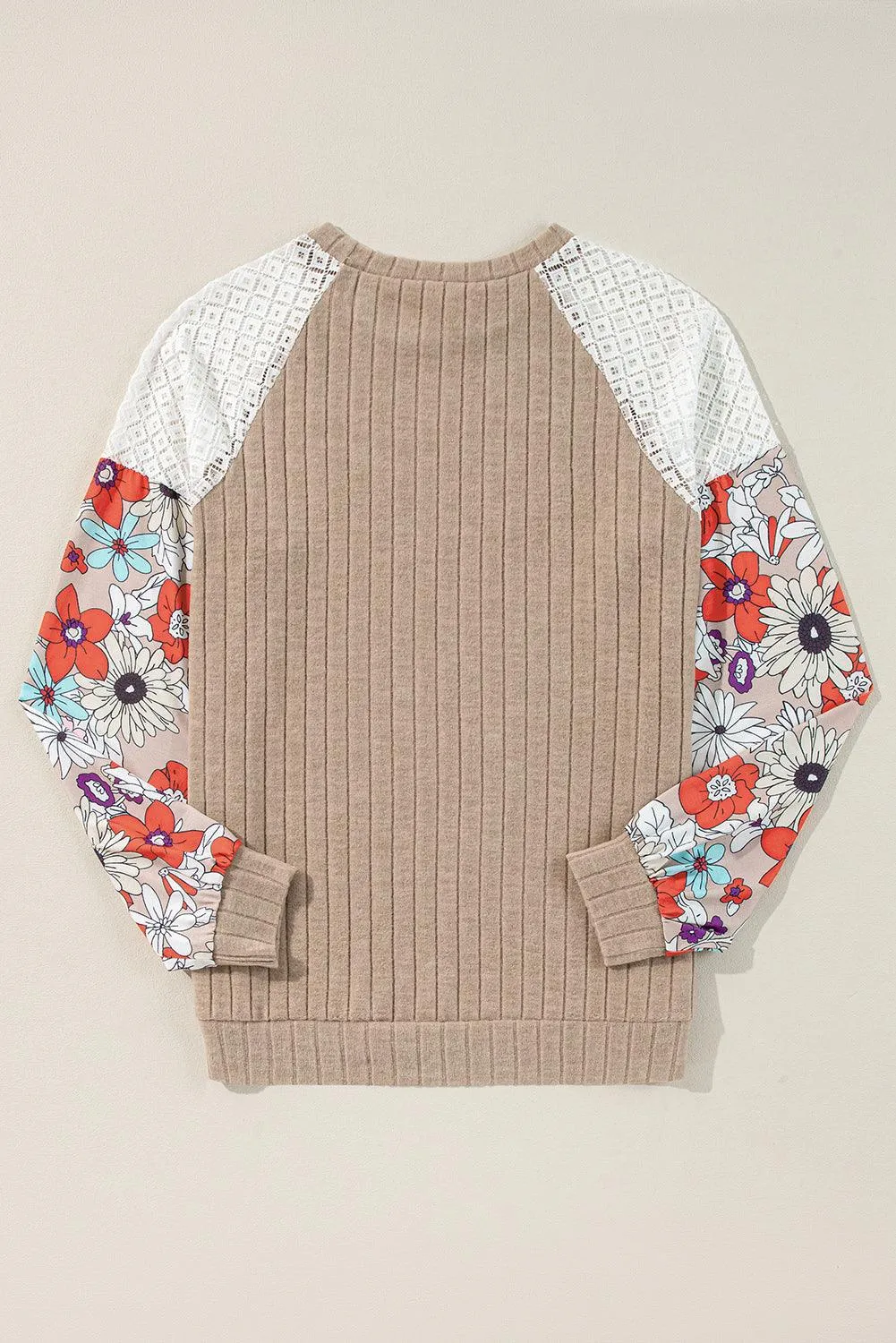 Parchment Floral Patchwork Raglan Sleeve Ribbed Blouse