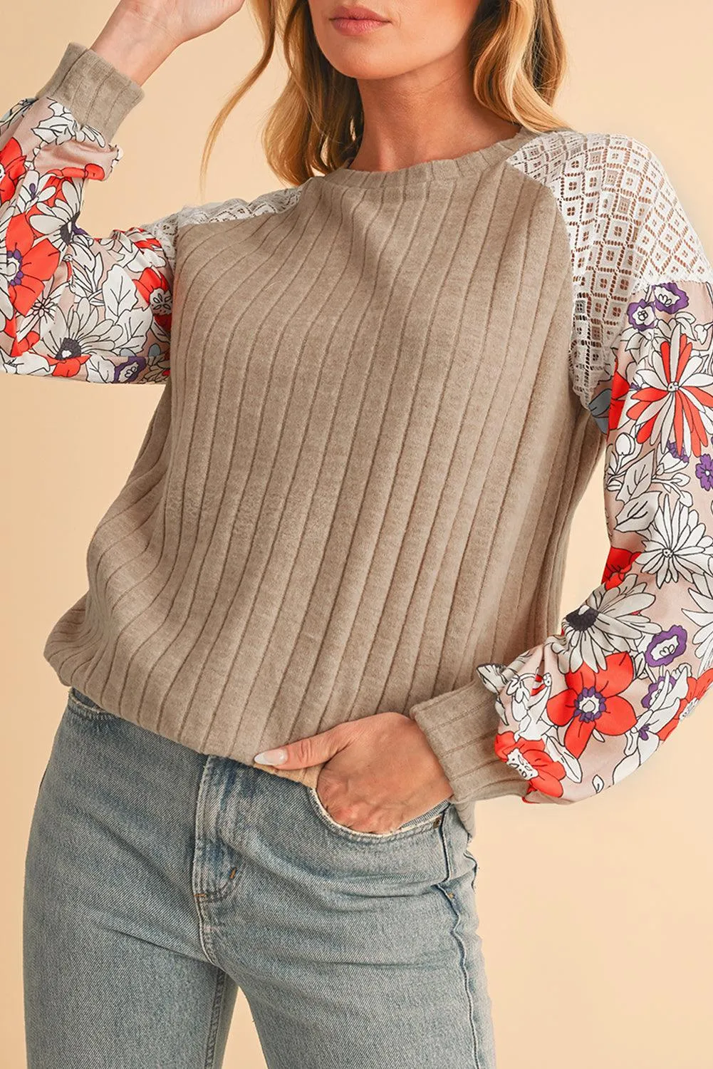 Parchment Floral Patchwork Raglan Sleeve Ribbed Blouse