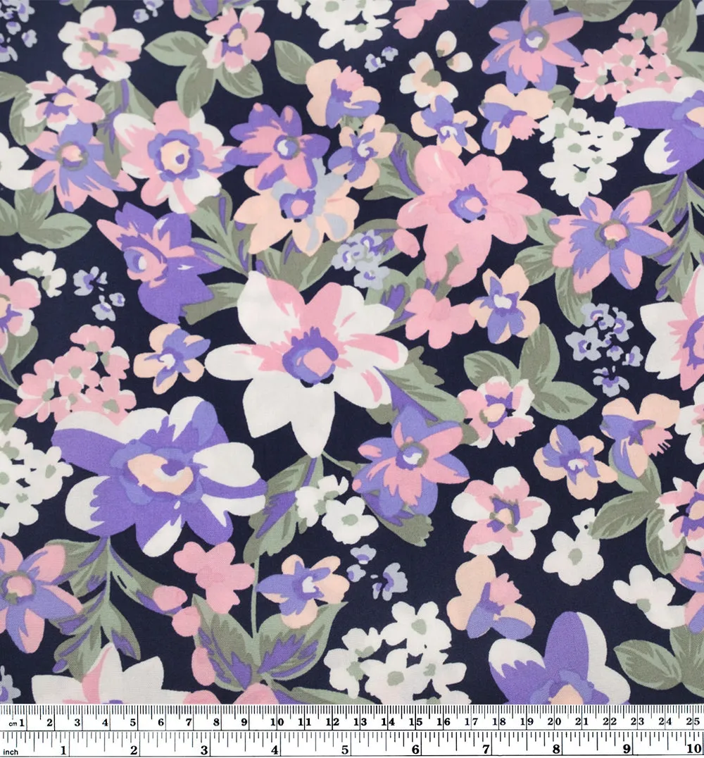 Playful Petals Rayon Challis - Pale Pink/Lilac/Navy