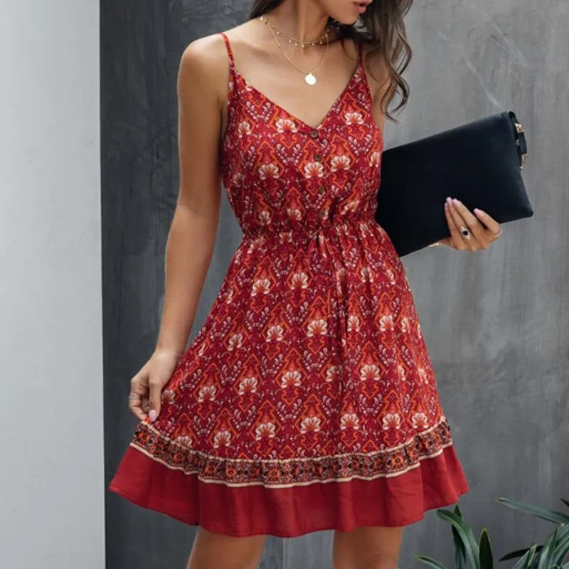 Plus Size V-neck Summer Floral Print Bohemian Short A-line High Waist Dress