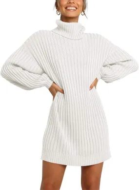 Prinbara Women Turtleneck Long Lantern Sleeve Casual Loose Oversized Sweater Dress Soft Winter Pullover Dresses