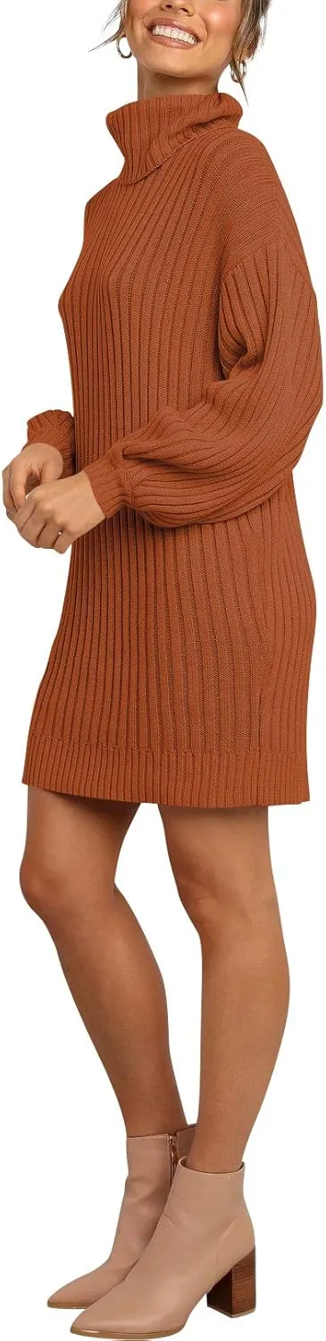 Prinbara Women Turtleneck Long Lantern Sleeve Casual Loose Oversized Sweater Dress Soft Winter Pullover Dresses