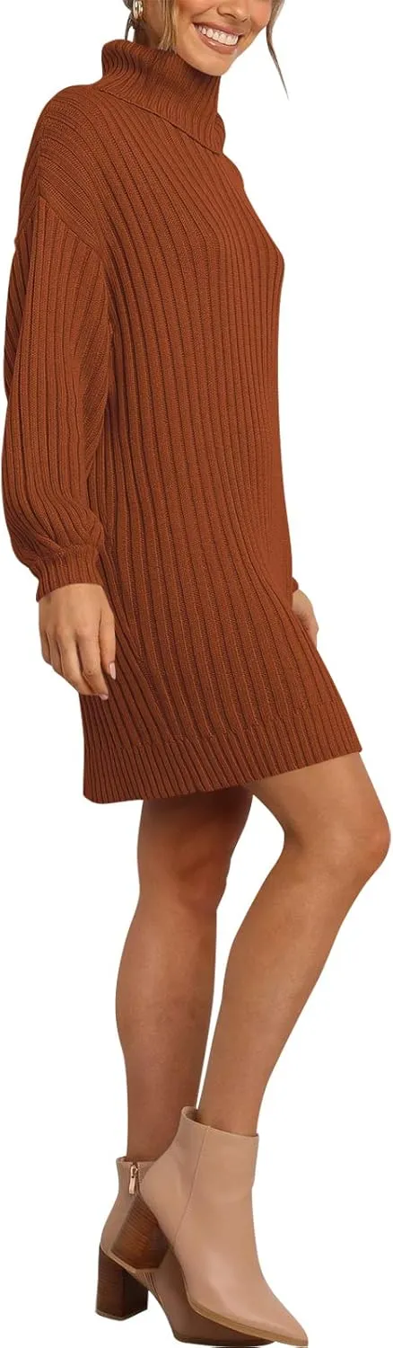 Prinbara Women Turtleneck Long Lantern Sleeve Casual Loose Oversized Sweater Dress Soft Winter Pullover Dresses