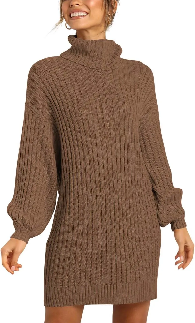 Prinbara Women Turtleneck Long Lantern Sleeve Casual Loose Oversized Sweater Dress Soft Winter Pullover Dresses