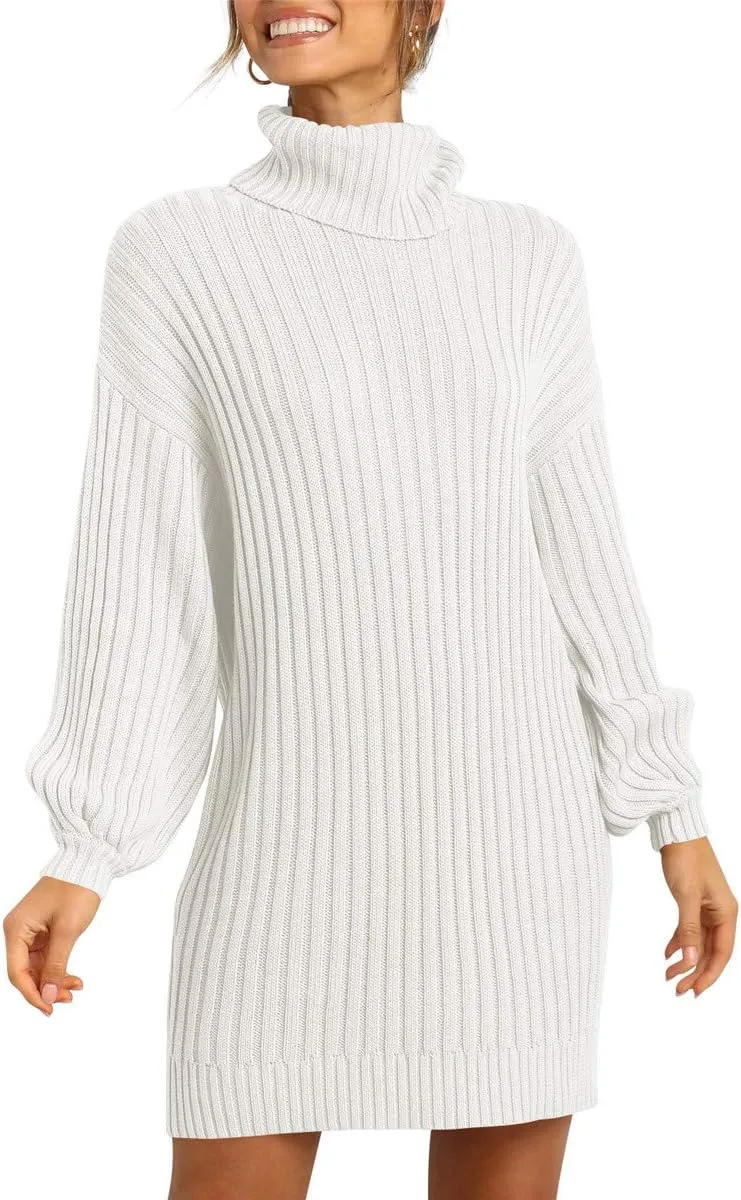 Prinbara Women Turtleneck Long Lantern Sleeve Casual Loose Oversized Sweater Dress Soft Winter Pullover Dresses
