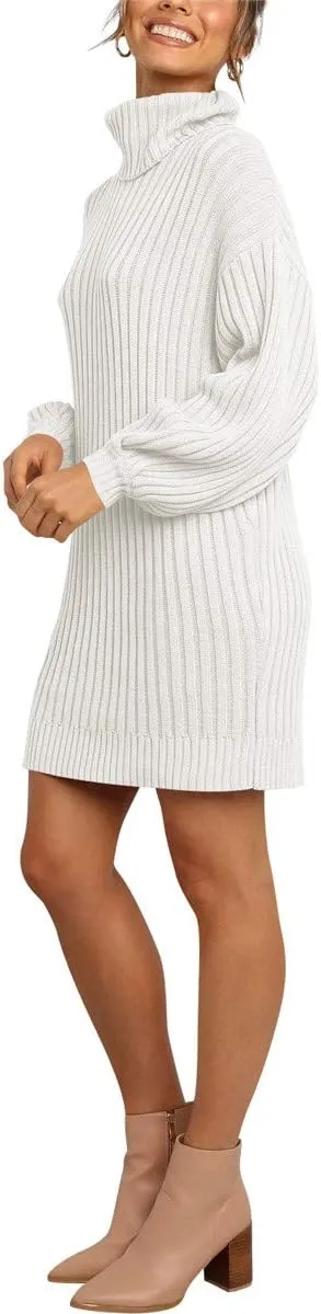 Prinbara Women Turtleneck Long Lantern Sleeve Casual Loose Oversized Sweater Dress Soft Winter Pullover Dresses