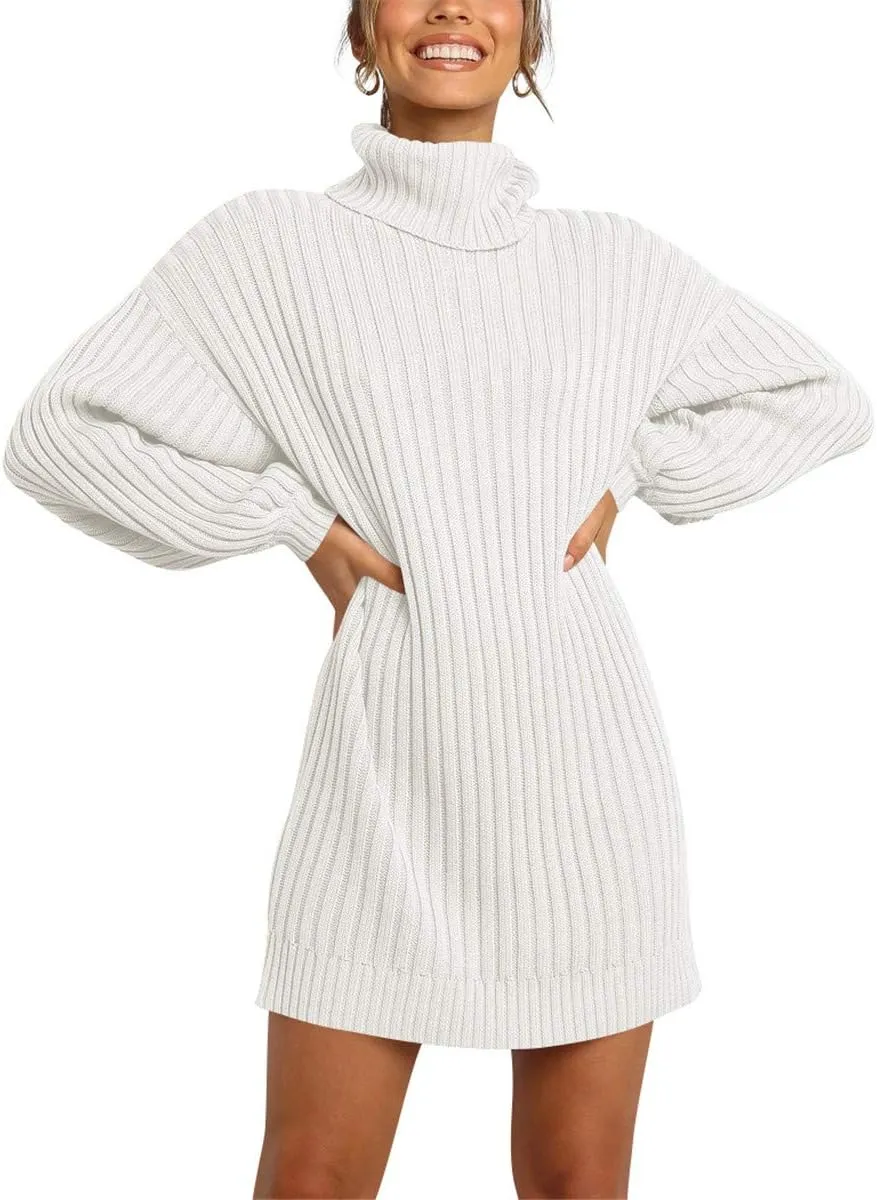 Prinbara Women Turtleneck Long Lantern Sleeve Casual Loose Oversized Sweater Dress Soft Winter Pullover Dresses