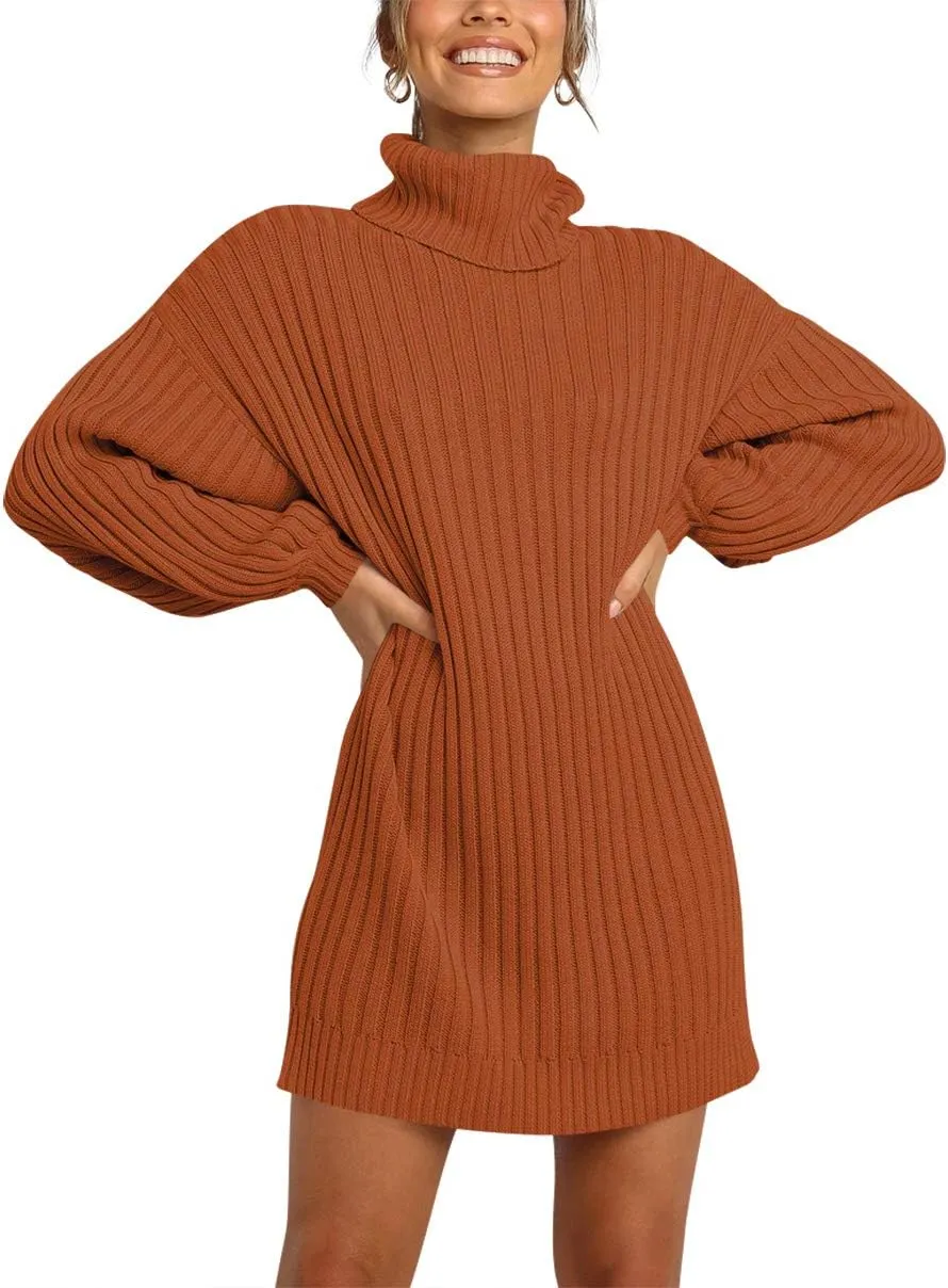 Prinbara Women Turtleneck Long Lantern Sleeve Casual Loose Oversized Sweater Dress Soft Winter Pullover Dresses
