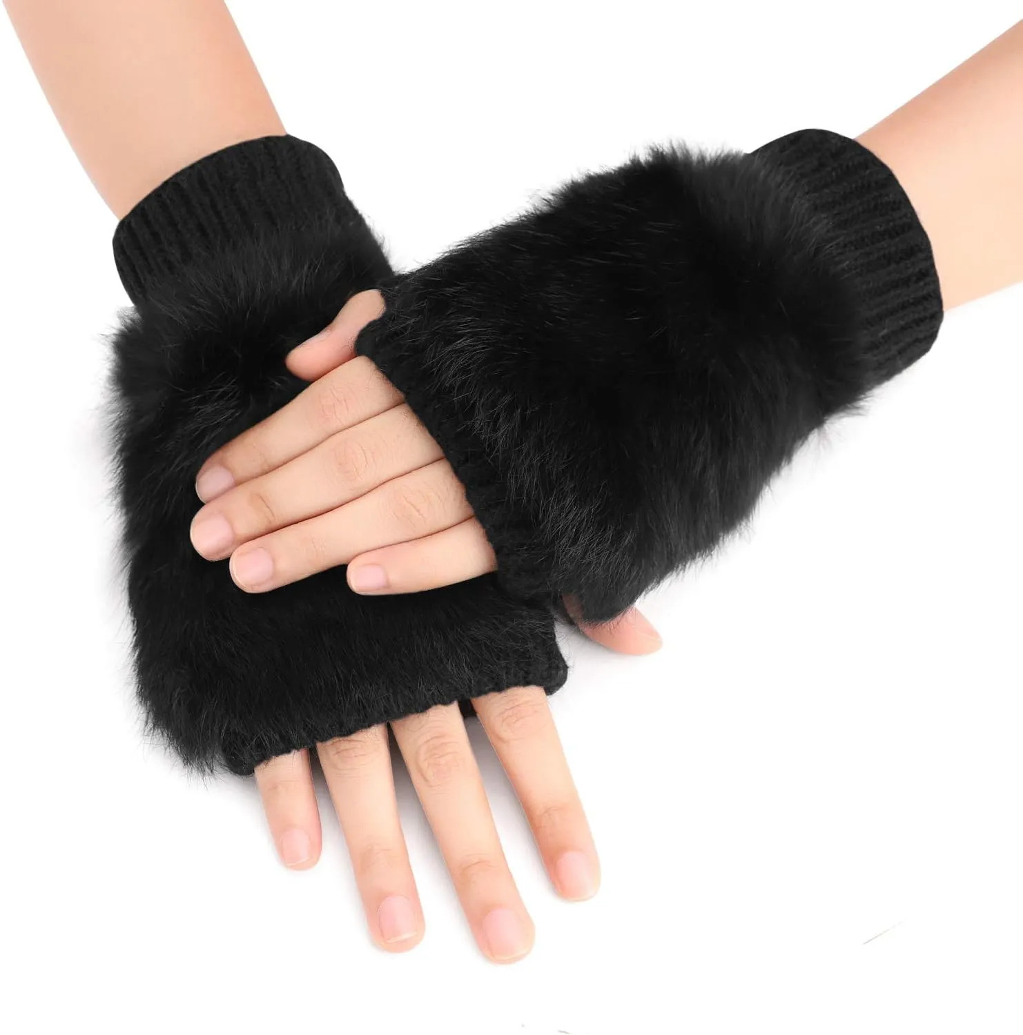 PURFUN Winter Chic Beads Knitted Gloves Driving Writing Typing Short Fingerless Mitten