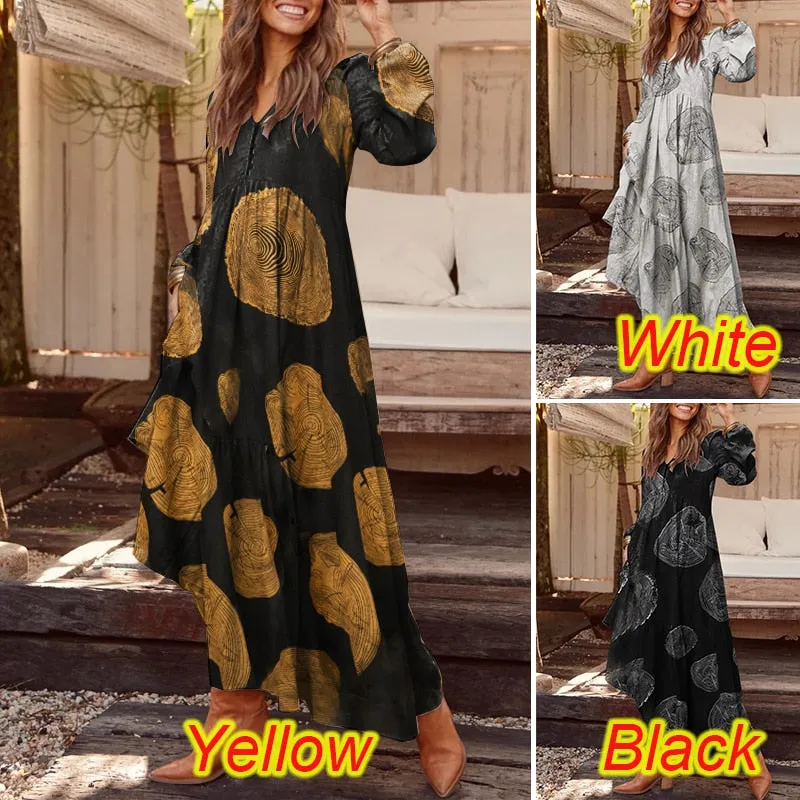 Purpdrank - Bohemian Shirt Dress Women's Maxi Sundress Spring Elegant Casual V Neck Ruflle Vestido Female Long Sleeve Tunic Robe
