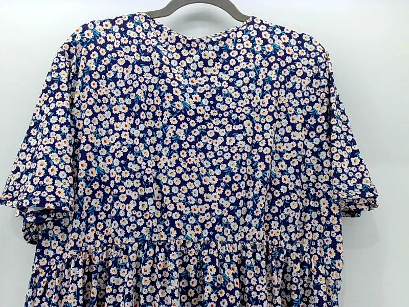 Room Of Fashion Women's Blue Floral Short Sleeve Casual Dress - 3X-Large