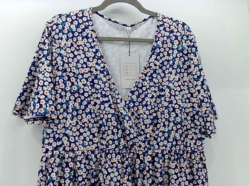Room Of Fashion Women's Blue Floral Short Sleeve Casual Dress - 3X-Large