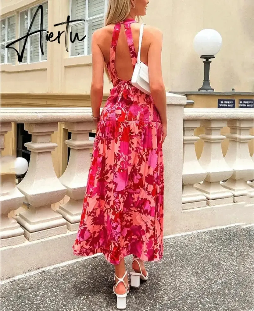 Rose Red Women Backless Tie Back Elegant Halter Sexy Summer Women Dress Thank Sundress Laides Boho Red Sleeveless Maxi Dress