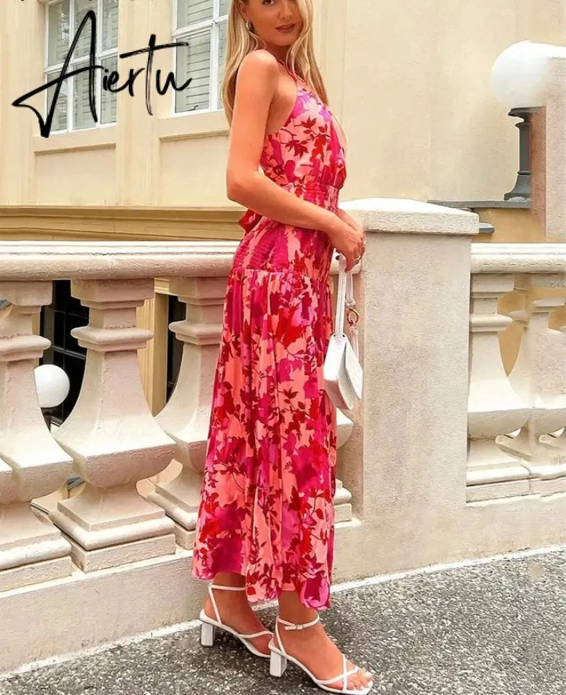 Rose Red Women Backless Tie Back Elegant Halter Sexy Summer Women Dress Thank Sundress Laides Boho Red Sleeveless Maxi Dress