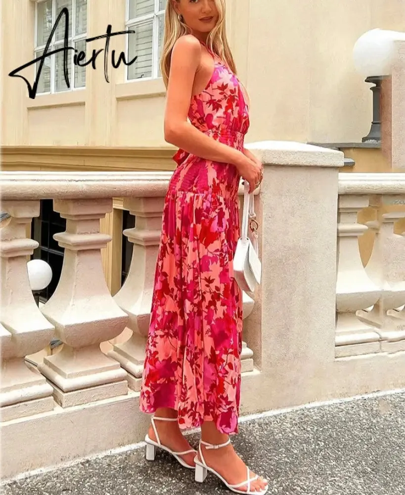 Rose Red Women Backless Tie Back Elegant Halter Sexy Summer Women Dress Thank Sundress Laides Boho Red Sleeveless Maxi Dress