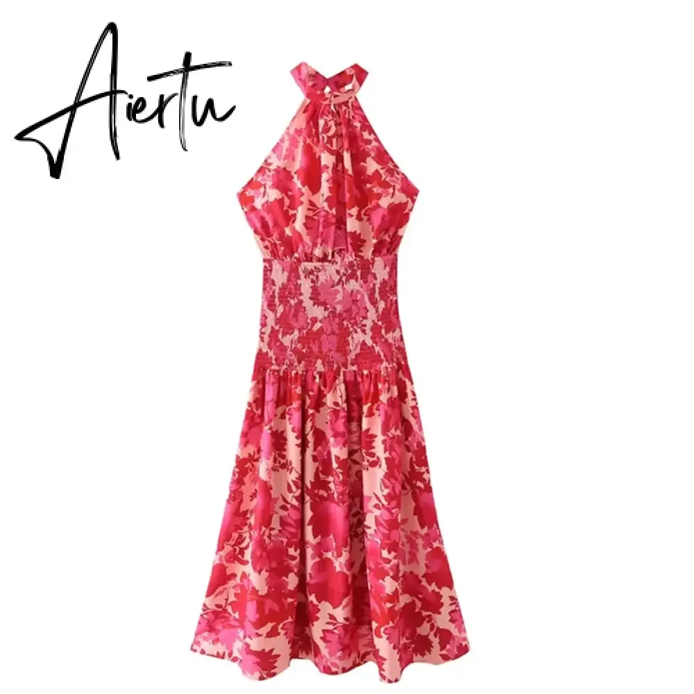 Rose Red Women Backless Tie Back Elegant Halter Sexy Summer Women Dress Thank Sundress Laides Boho Red Sleeveless Maxi Dress
