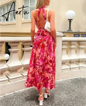 Rose Red Women Backless Tie Back Elegant Halter Sexy Summer Women Dress Thank Sundress Laides Boho Red Sleeveless Maxi Dress