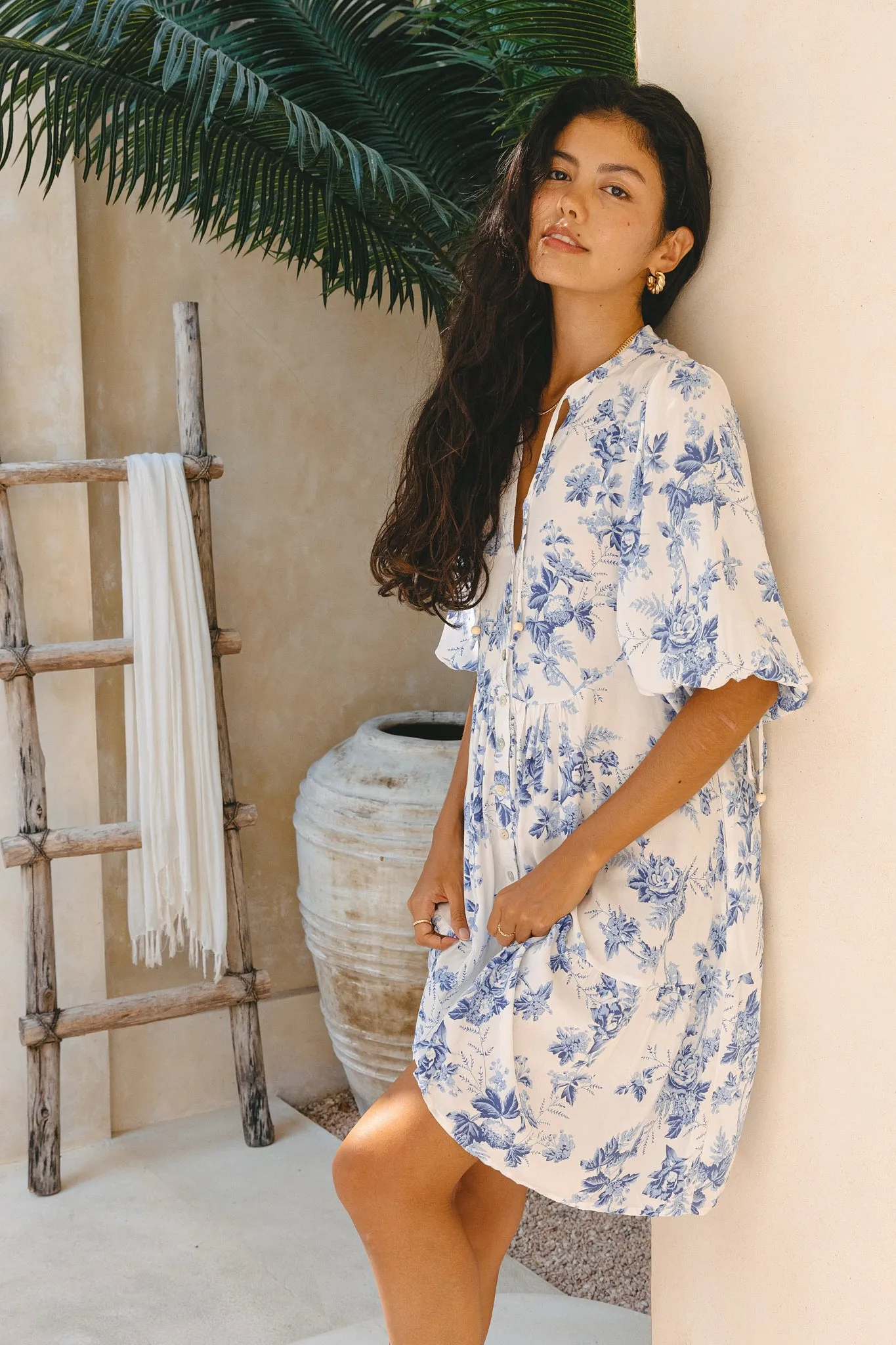 Rosette Blue Floral Button Down Mini Dress