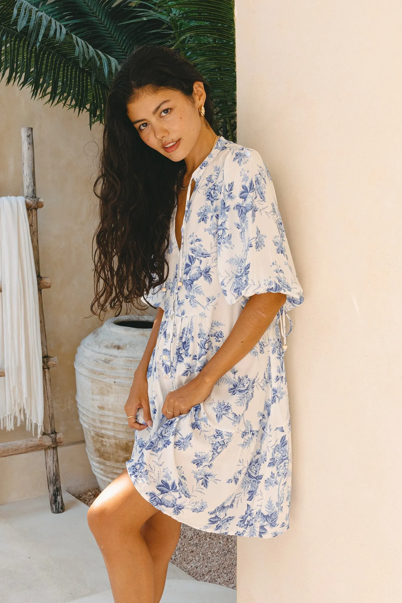 Rosette Blue Floral Button Down Mini Dress
