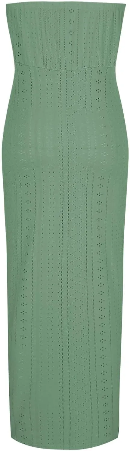 Sexy Strapless Ruched Summer Dresses for Women Trendy Eyelet High Waist Wrap Split Beach Cocktail Maxi Dresses
