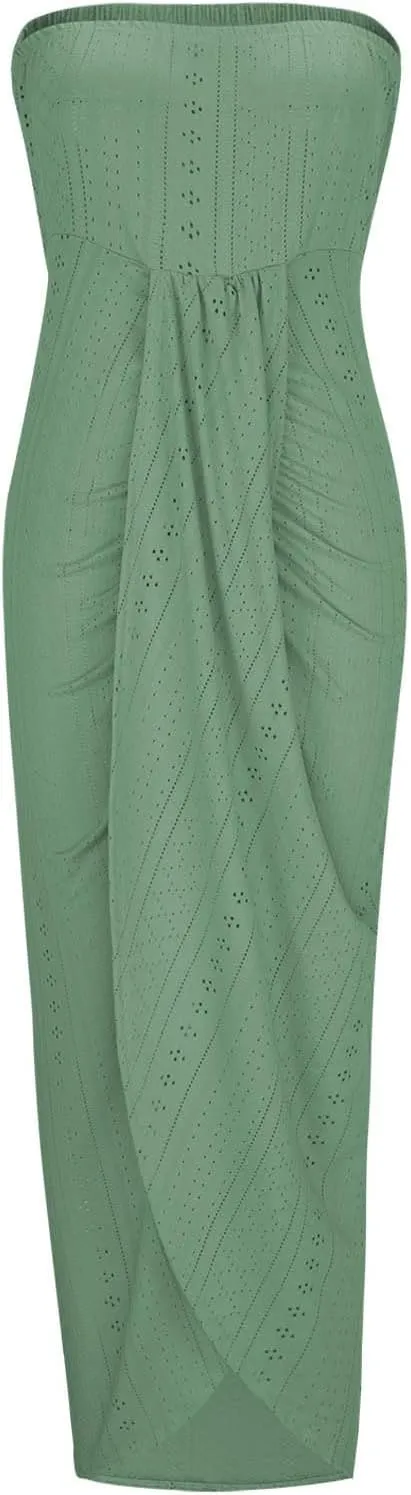 Sexy Strapless Ruched Summer Dresses for Women Trendy Eyelet High Waist Wrap Split Beach Cocktail Maxi Dresses