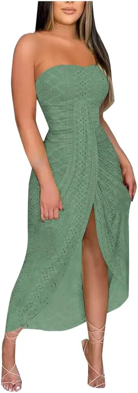 Sexy Strapless Ruched Summer Dresses for Women Trendy Eyelet High Waist Wrap Split Beach Cocktail Maxi Dresses