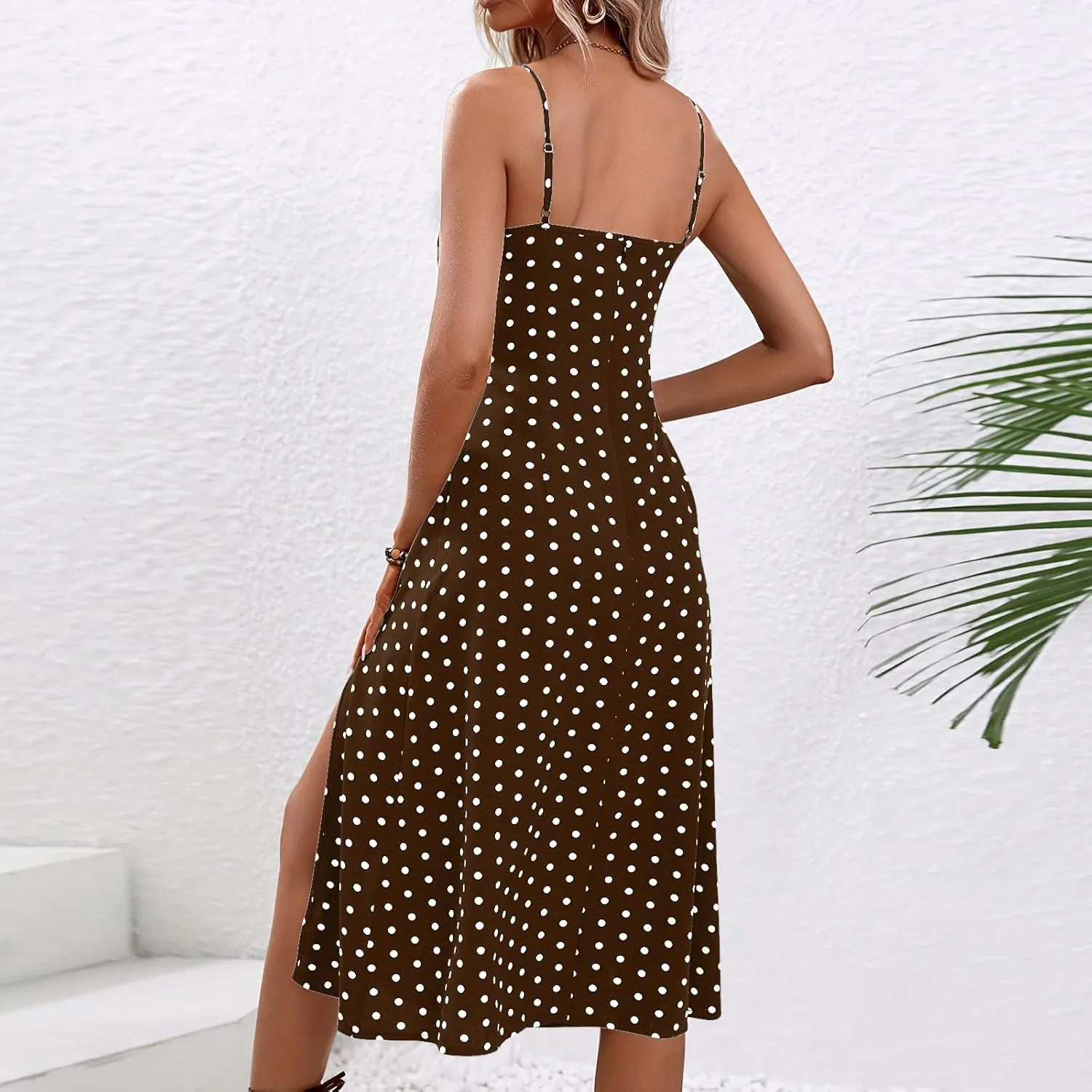 Spaghetti Strap Dresses for Women Polka Dot Midi Dress Sleeveless Slit Summer Sundress Beach Vacation Sexy Dress