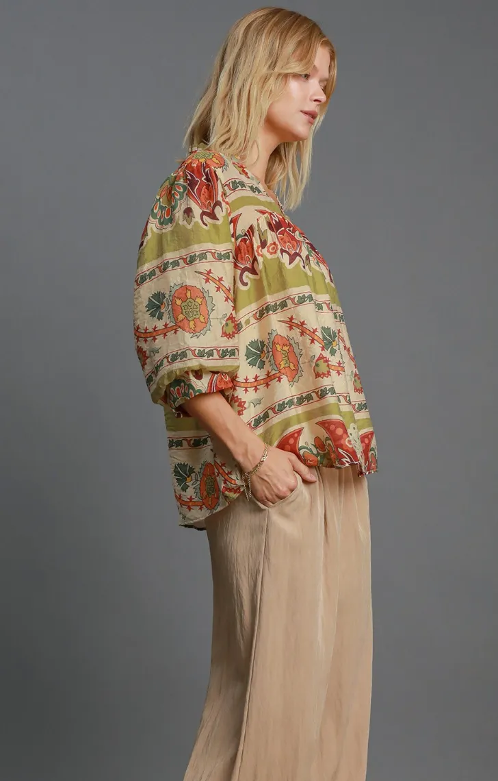 Split Neck Print Top