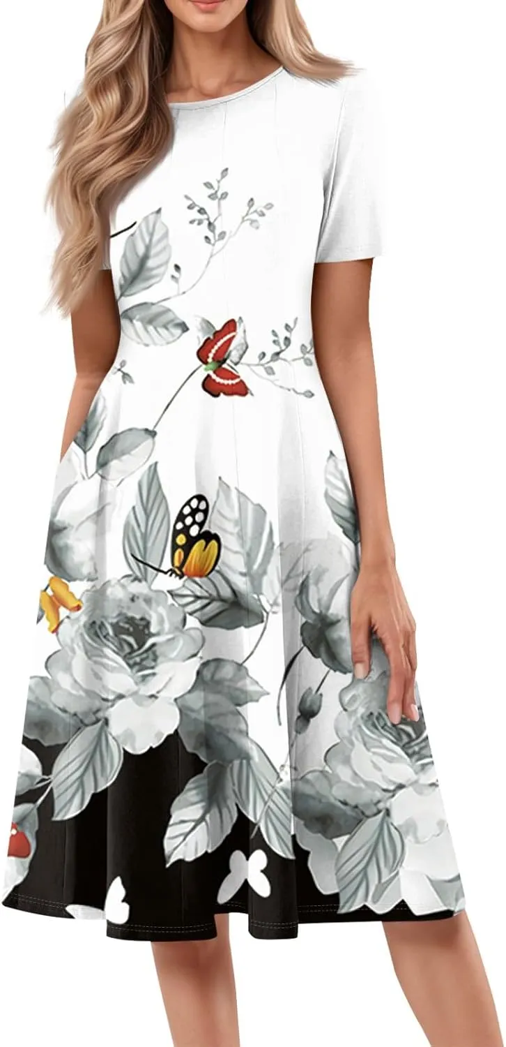 Summer Dresses for Women 2025 Midi Short Sleeve Round Neck Dresses Elegant Pleated with Side Pocket A Line Dress