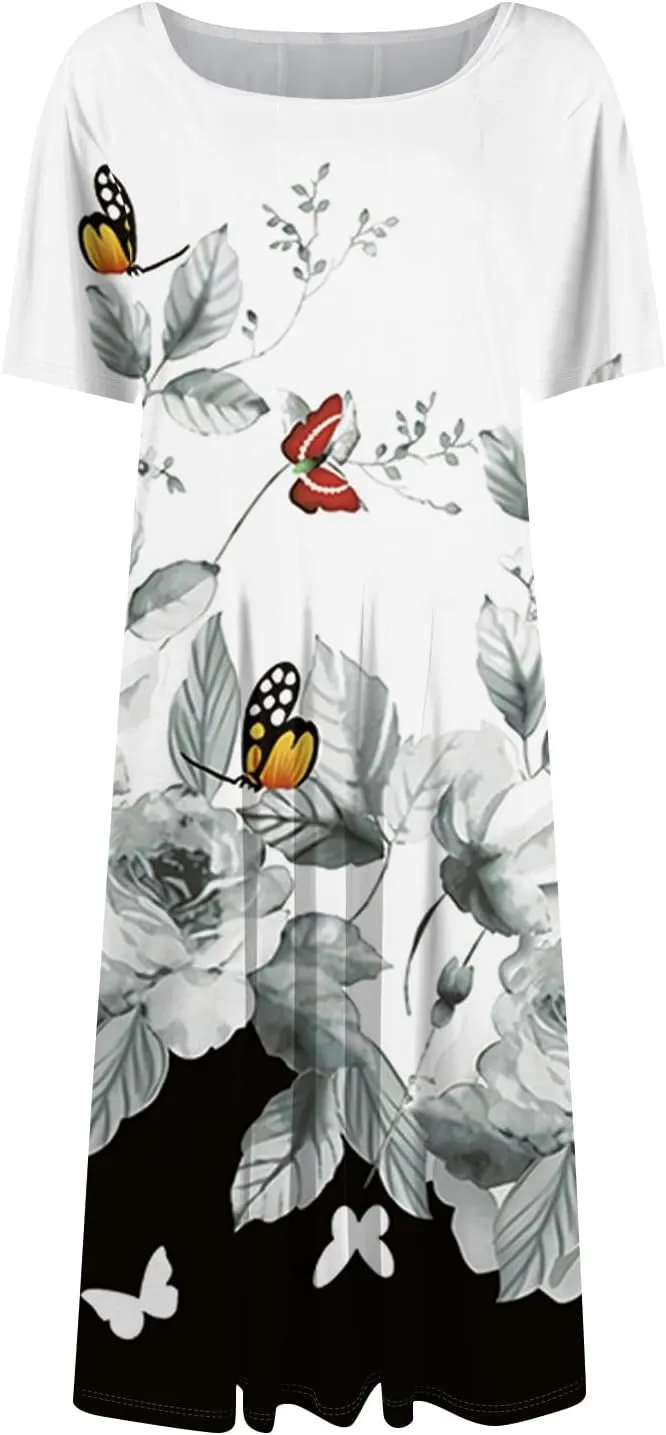 Summer Dresses for Women 2025 Midi Short Sleeve Round Neck Dresses Elegant Pleated with Side Pocket A Line Dress