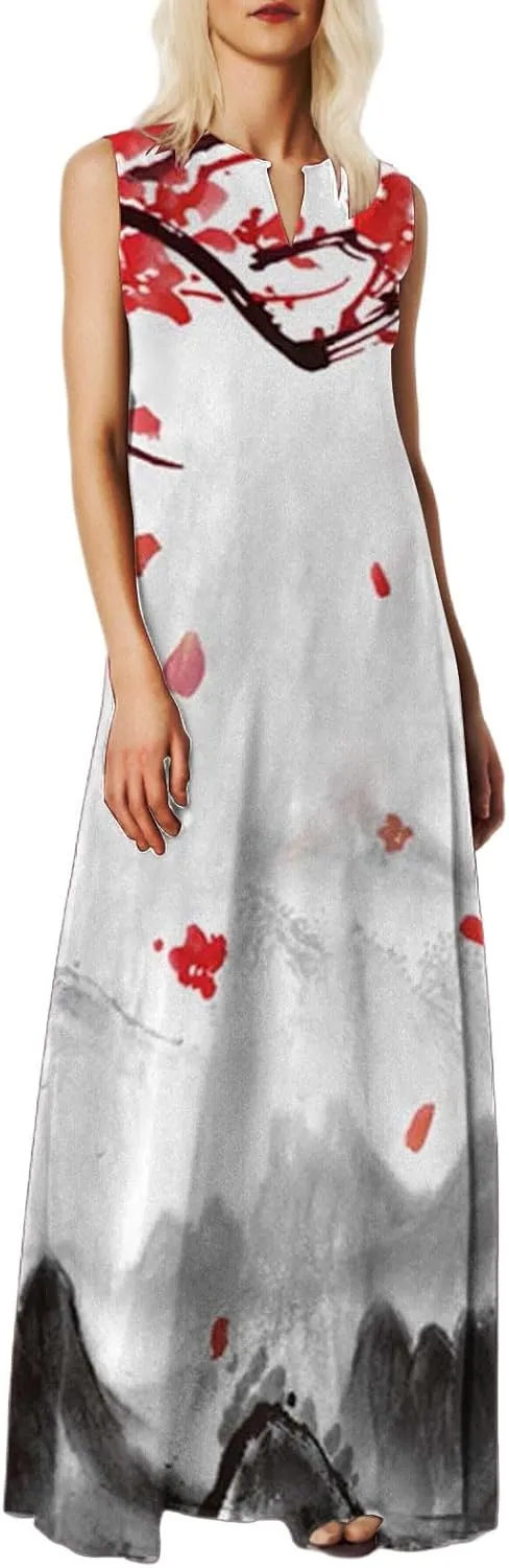 Summer Dresses for Women 2025,Women's Elegant Summer Casual Sleeveless Print Dresses V Neck Maxi Loose Beach Dress