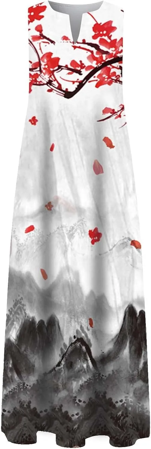 Summer Dresses for Women 2025,Women's Elegant Summer Casual Sleeveless Print Dresses V Neck Maxi Loose Beach Dress