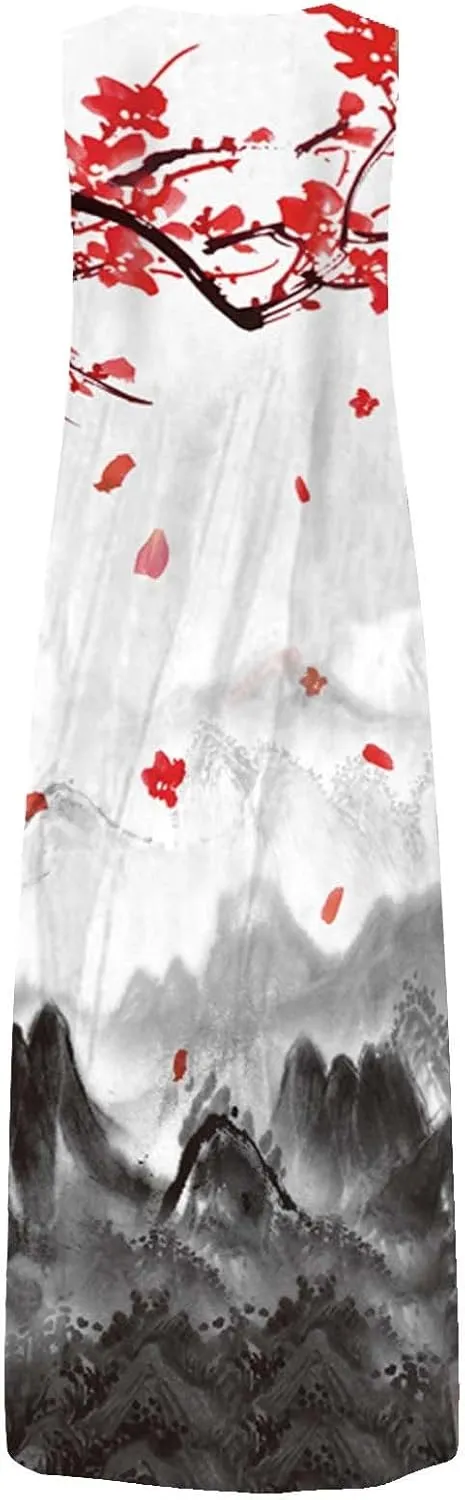 Summer Dresses for Women 2025,Women's Elegant Summer Casual Sleeveless Print Dresses V Neck Maxi Loose Beach Dress