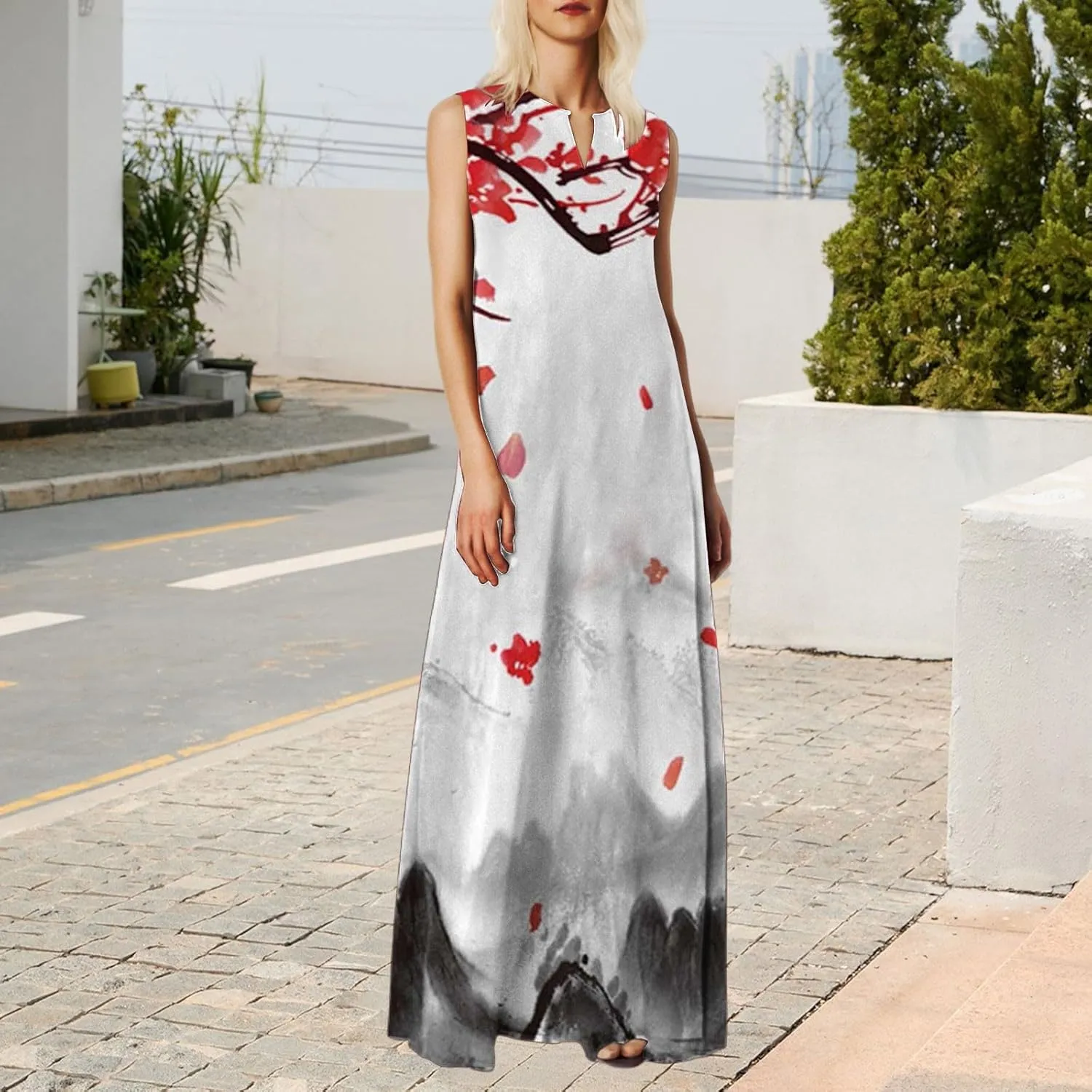 Summer Dresses for Women 2025,Women's Elegant Summer Casual Sleeveless Print Dresses V Neck Maxi Loose Beach Dress