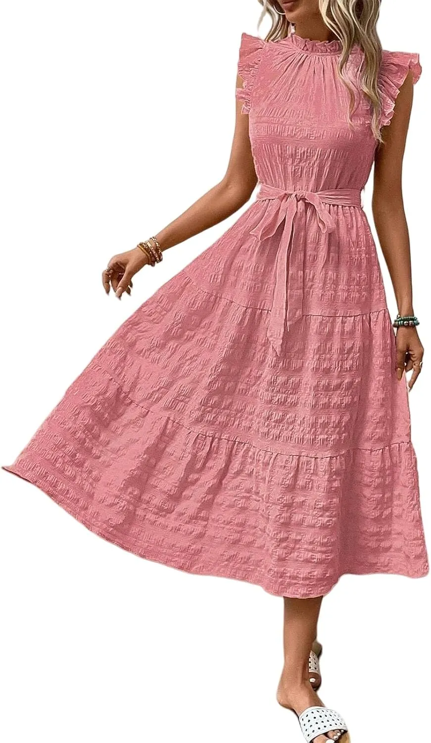 Summer Maxi Dresses for Women 2025 Flutter Short Sleeve Smocked Neck Long Dress Tiered Lace-up Wedding Guest Dress