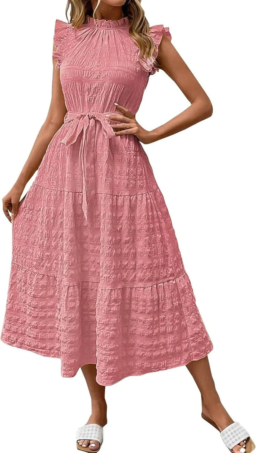 Summer Maxi Dresses for Women 2025 Flutter Short Sleeve Smocked Neck Long Dress Tiered Lace-up Wedding Guest Dress