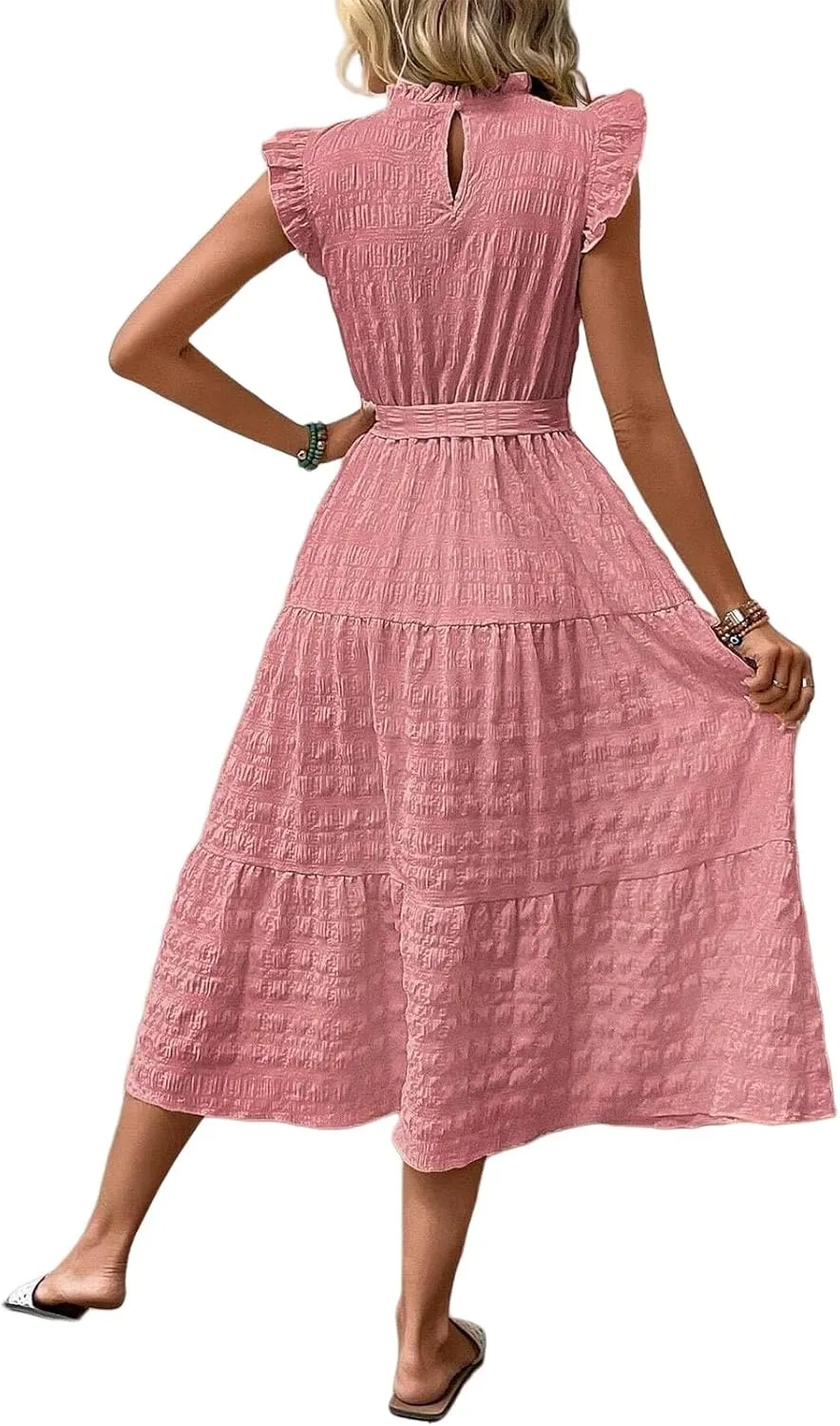Summer Maxi Dresses for Women 2025 Flutter Short Sleeve Smocked Neck Long Dress Tiered Lace-up Wedding Guest Dress