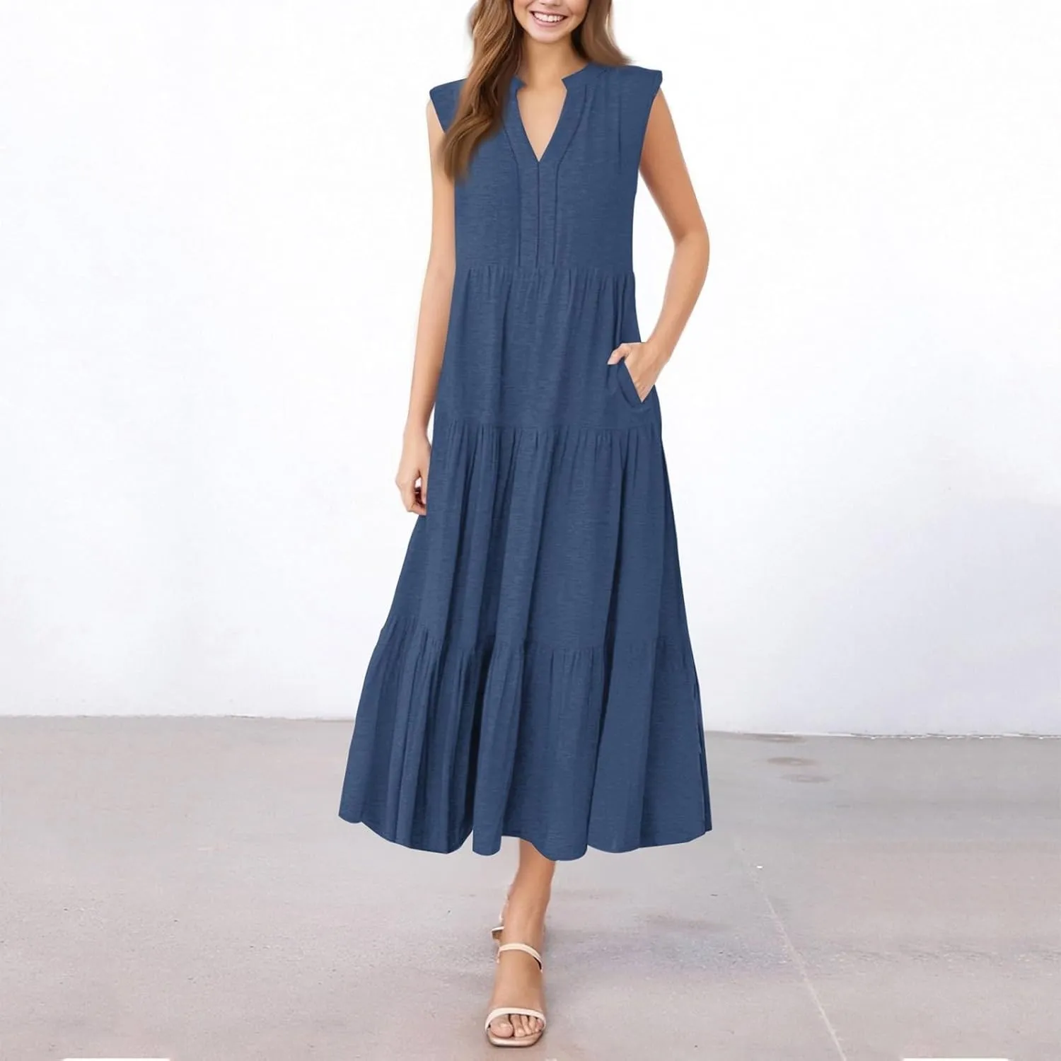 Sundresses for Women Casual Summer Ruffle Sleeve Sweetheart V-Neck Printing Dresses Boho Prom Maxi Short Sleeve Dress